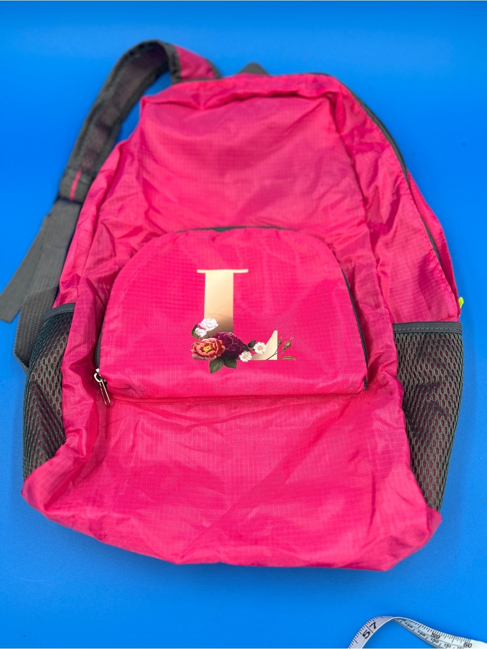 Girls Pink Backpack with Gold 'L' Monogram and Floral Accent